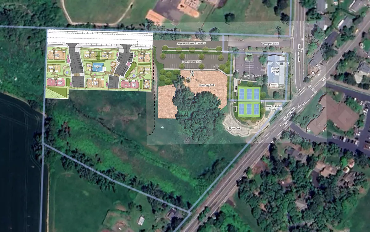 Aerial image showing plan for Westfield site including apartments and recreation facilities